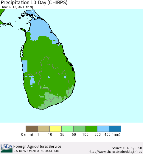 Sri Lanka Precipitation 10-Day (CHIRPS) Thematic Map For 11/6/2021 - 11/15/2021
