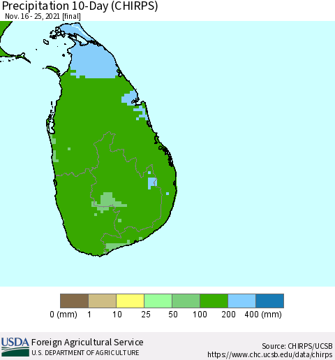 Sri Lanka Precipitation 10-Day (CHIRPS) Thematic Map For 11/16/2021 - 11/25/2021