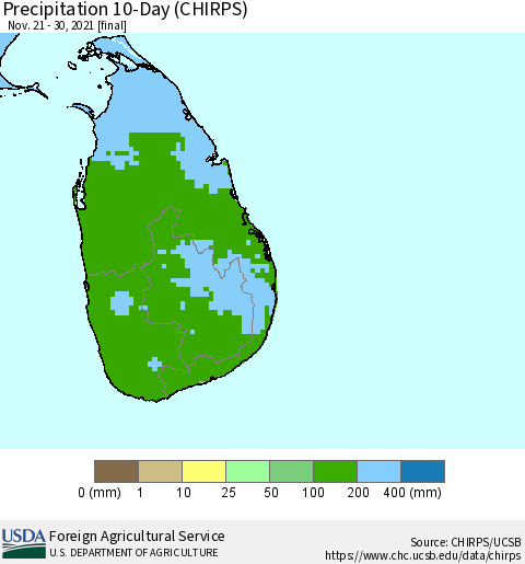 Sri Lanka Precipitation 10-Day (CHIRPS) Thematic Map For 11/21/2021 - 11/30/2021