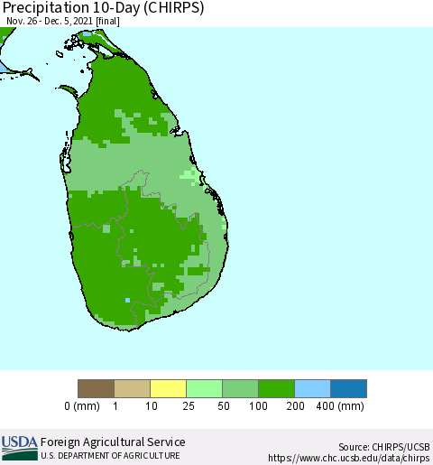Sri Lanka Precipitation 10-Day (CHIRPS) Thematic Map For 11/26/2021 - 12/5/2021