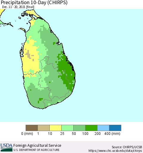 Sri Lanka Precipitation 10-Day (CHIRPS) Thematic Map For 12/11/2021 - 12/20/2021