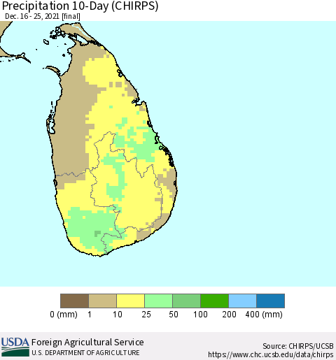 Sri Lanka Precipitation 10-Day (CHIRPS) Thematic Map For 12/16/2021 - 12/25/2021
