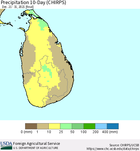 Sri Lanka Precipitation 10-Day (CHIRPS) Thematic Map For 12/21/2021 - 12/31/2021