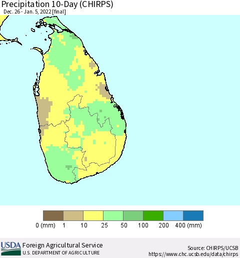 Sri Lanka Precipitation 10-Day (CHIRPS) Thematic Map For 12/26/2021 - 1/5/2022
