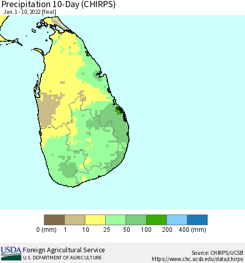 Sri Lanka Precipitation 10-Day (CHIRPS) Thematic Map For 1/1/2022 - 1/10/2022