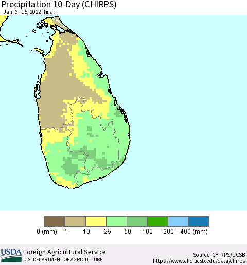 Sri Lanka Precipitation 10-Day (CHIRPS) Thematic Map For 1/6/2022 - 1/15/2022