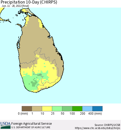 Sri Lanka Precipitation 10-Day (CHIRPS) Thematic Map For 1/11/2022 - 1/20/2022