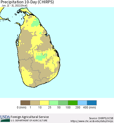 Sri Lanka Precipitation 10-Day (CHIRPS) Thematic Map For 1/21/2022 - 1/31/2022