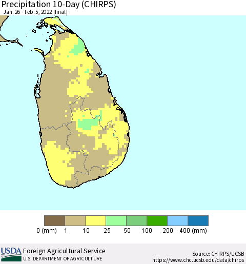 Sri Lanka Precipitation 10-Day (CHIRPS) Thematic Map For 1/26/2022 - 2/5/2022