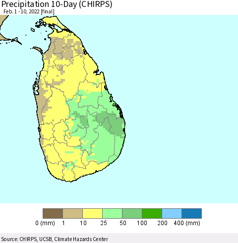 Sri Lanka Precipitation 10-Day (CHIRPS) Thematic Map For 2/1/2022 - 2/10/2022