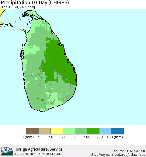 Sri Lanka Precipitation 10-Day (CHIRPS) Thematic Map For 2/11/2022 - 2/20/2022
