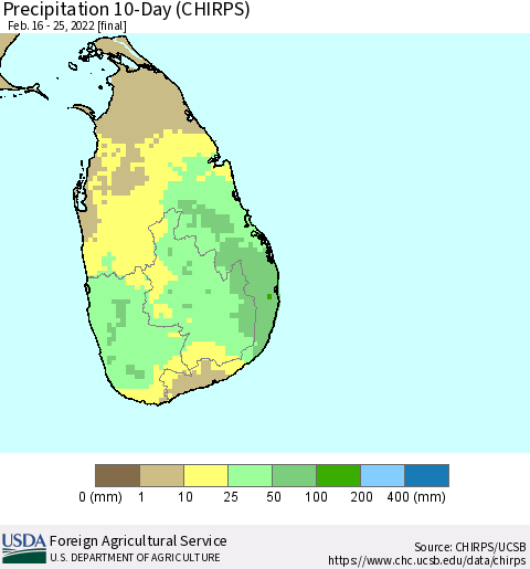 Sri Lanka Precipitation 10-Day (CHIRPS) Thematic Map For 2/16/2022 - 2/25/2022