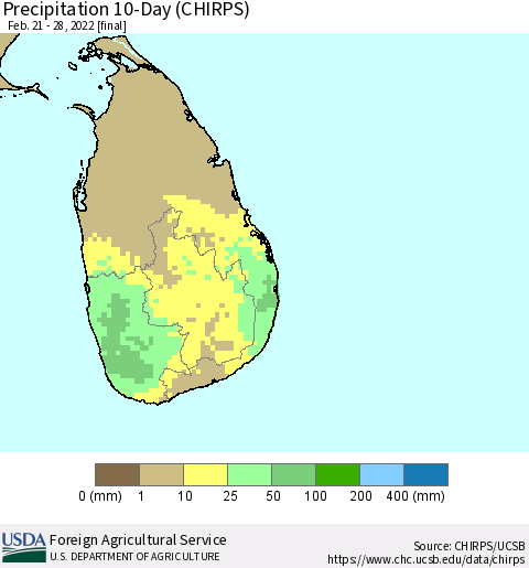 Sri Lanka Precipitation 10-Day (CHIRPS) Thematic Map For 2/21/2022 - 2/28/2022