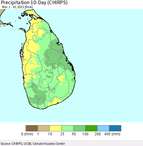 Sri Lanka Precipitation 10-Day (CHIRPS) Thematic Map For 3/1/2022 - 3/10/2022