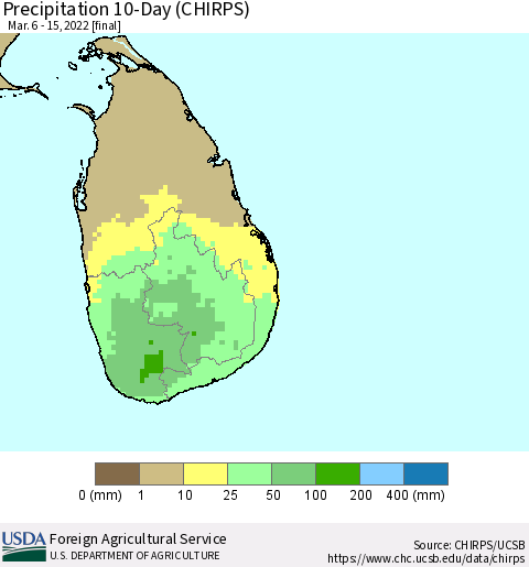 Sri Lanka Precipitation 10-Day (CHIRPS) Thematic Map For 3/6/2022 - 3/15/2022