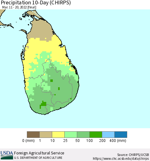 Sri Lanka Precipitation 10-Day (CHIRPS) Thematic Map For 3/11/2022 - 3/20/2022