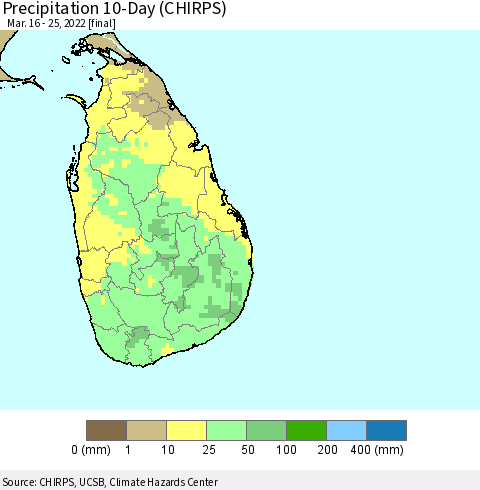 Sri Lanka Precipitation 10-Day (CHIRPS) Thematic Map For 3/16/2022 - 3/25/2022