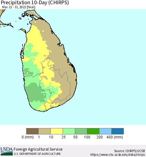 Sri Lanka Precipitation 10-Day (CHIRPS) Thematic Map For 3/21/2022 - 3/31/2022