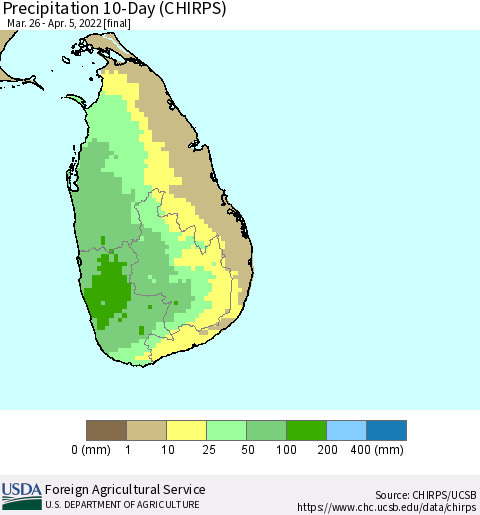 Sri Lanka Precipitation 10-Day (CHIRPS) Thematic Map For 3/26/2022 - 4/5/2022