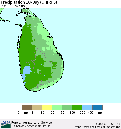 Sri Lanka Precipitation 10-Day (CHIRPS) Thematic Map For 4/1/2022 - 4/10/2022