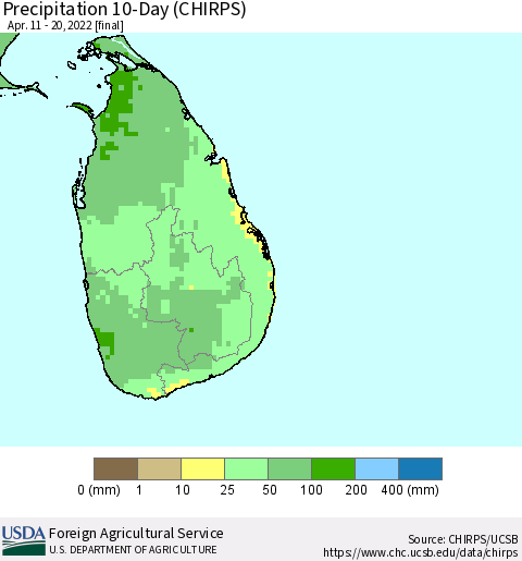 Sri Lanka Precipitation 10-Day (CHIRPS) Thematic Map For 4/11/2022 - 4/20/2022