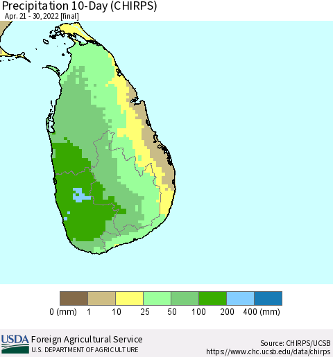 Sri Lanka Precipitation 10-Day (CHIRPS) Thematic Map For 4/21/2022 - 4/30/2022