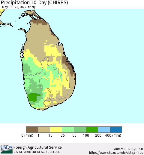 Sri Lanka Precipitation 10-Day (CHIRPS) Thematic Map For 5/16/2022 - 5/25/2022