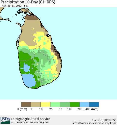 Sri Lanka Precipitation 10-Day (CHIRPS) Thematic Map For 5/21/2022 - 5/31/2022