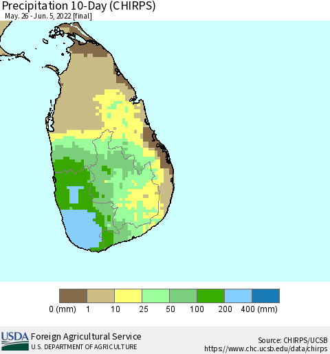Sri Lanka Precipitation 10-Day (CHIRPS) Thematic Map For 5/26/2022 - 6/5/2022