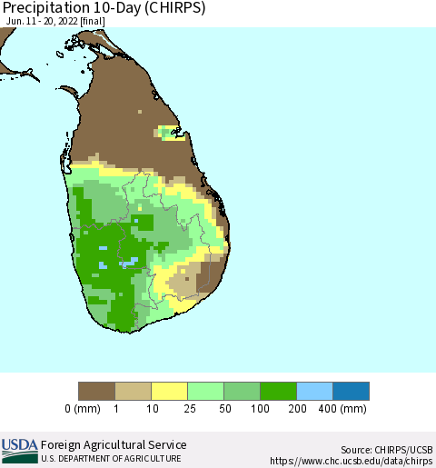 Sri Lanka Precipitation 10-Day (CHIRPS) Thematic Map For 6/11/2022 - 6/20/2022