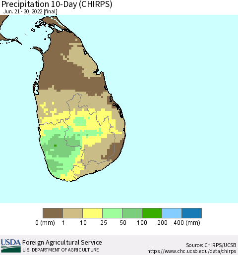 Sri Lanka Precipitation 10-Day (CHIRPS) Thematic Map For 6/21/2022 - 6/30/2022