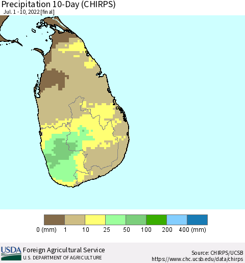 Sri Lanka Precipitation 10-Day (CHIRPS) Thematic Map For 7/1/2022 - 7/10/2022