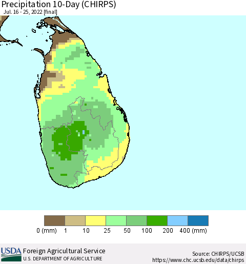 Sri Lanka Precipitation 10-Day (CHIRPS) Thematic Map For 7/16/2022 - 7/25/2022