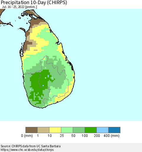 Sri Lanka Precipitation 10-Day (CHIRPS) Thematic Map For 7/16/2022 - 7/25/2022