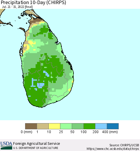 Sri Lanka Precipitation 10-Day (CHIRPS) Thematic Map For 7/21/2022 - 7/31/2022