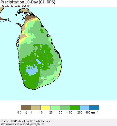 Sri Lanka Precipitation 10-Day (CHIRPS) Thematic Map For 7/21/2022 - 7/31/2022