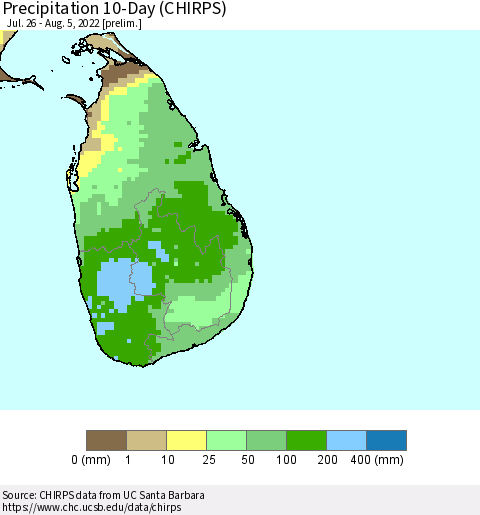 Sri Lanka Precipitation 10-Day (CHIRPS) Thematic Map For 7/26/2022 - 8/5/2022