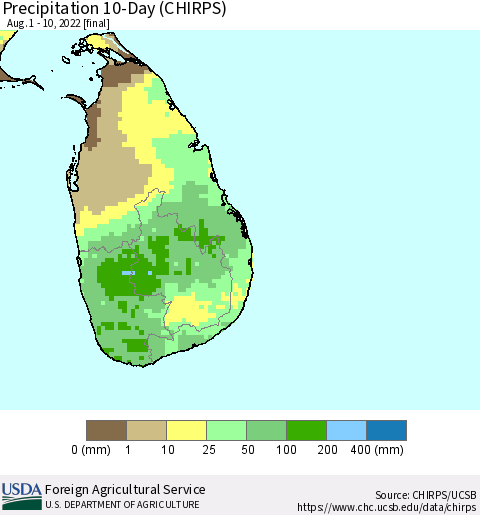 Sri Lanka Precipitation 10-Day (CHIRPS) Thematic Map For 8/1/2022 - 8/10/2022