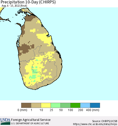 Sri Lanka Precipitation 10-Day (CHIRPS) Thematic Map For 8/6/2022 - 8/15/2022