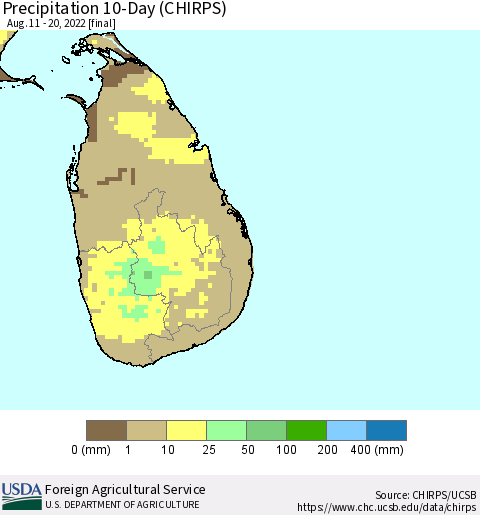 Sri Lanka Precipitation 10-Day (CHIRPS) Thematic Map For 8/11/2022 - 8/20/2022