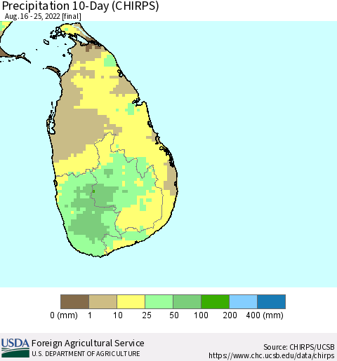 Sri Lanka Precipitation 10-Day (CHIRPS) Thematic Map For 8/16/2022 - 8/25/2022