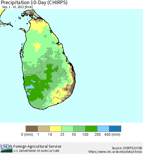 Sri Lanka Precipitation 10-Day (CHIRPS) Thematic Map For 9/1/2022 - 9/10/2022