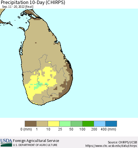 Sri Lanka Precipitation 10-Day (CHIRPS) Thematic Map For 9/11/2022 - 9/20/2022