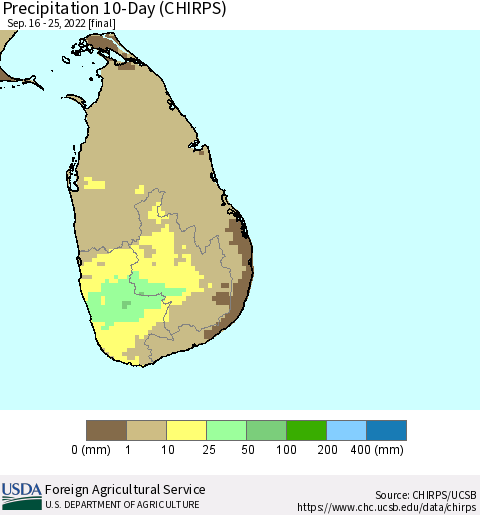 Sri Lanka Precipitation 10-Day (CHIRPS) Thematic Map For 9/16/2022 - 9/25/2022