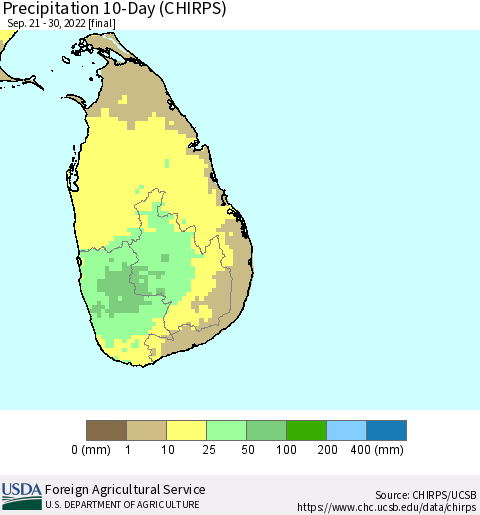 Sri Lanka Precipitation 10-Day (CHIRPS) Thematic Map For 9/21/2022 - 9/30/2022