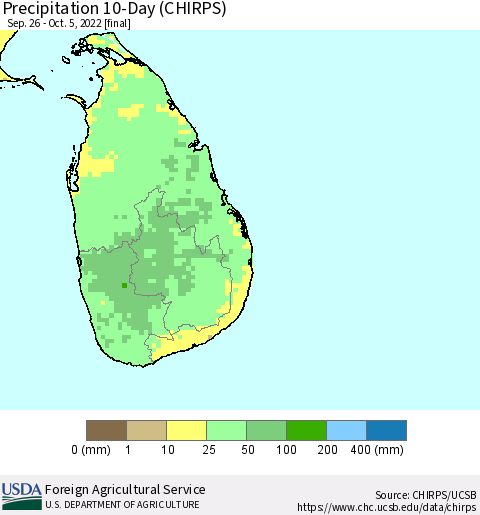 Sri Lanka Precipitation 10-Day (CHIRPS) Thematic Map For 9/26/2022 - 10/5/2022