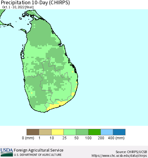 Sri Lanka Precipitation 10-Day (CHIRPS) Thematic Map For 10/1/2022 - 10/10/2022