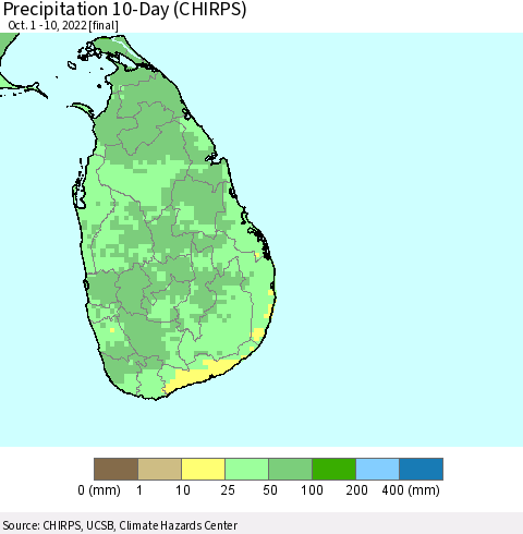 Sri Lanka Precipitation 10-Day (CHIRPS) Thematic Map For 10/1/2022 - 10/10/2022