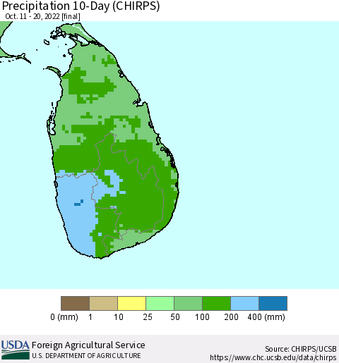 Sri Lanka Precipitation 10-Day (CHIRPS) Thematic Map For 10/11/2022 - 10/20/2022