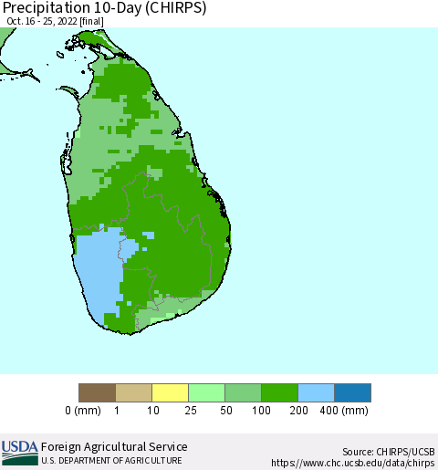 Sri Lanka Precipitation 10-Day (CHIRPS) Thematic Map For 10/16/2022 - 10/25/2022